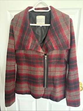 BB Dakota Red and Gray Plaid Zip-Front Blazer Jacket